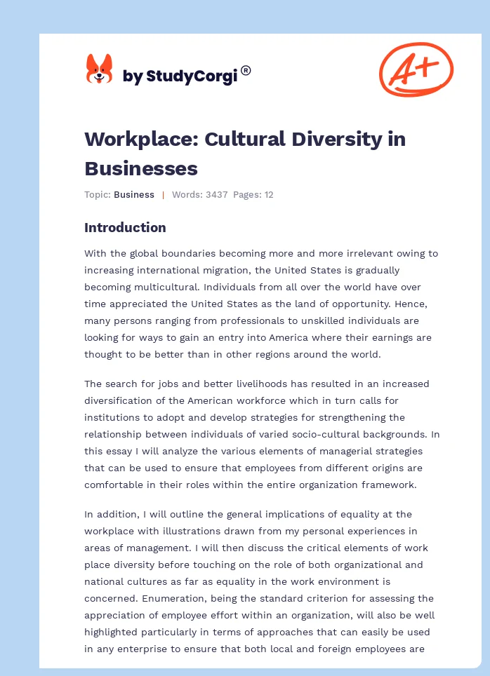 Workplace: Cultural Diversity in Businesses. Page 1