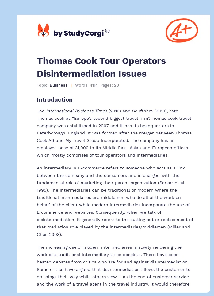Thomas Cook Tour Operators Disintermediation Issues. Page 1