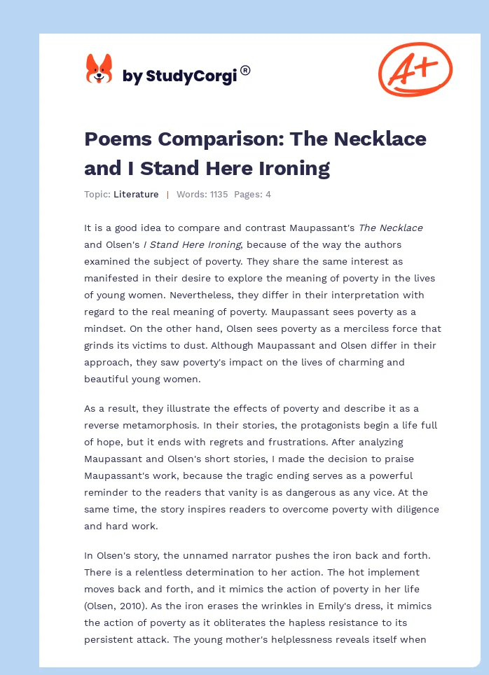 Poems Comparison: The Necklace and I Stand Here Ironing. Page 1