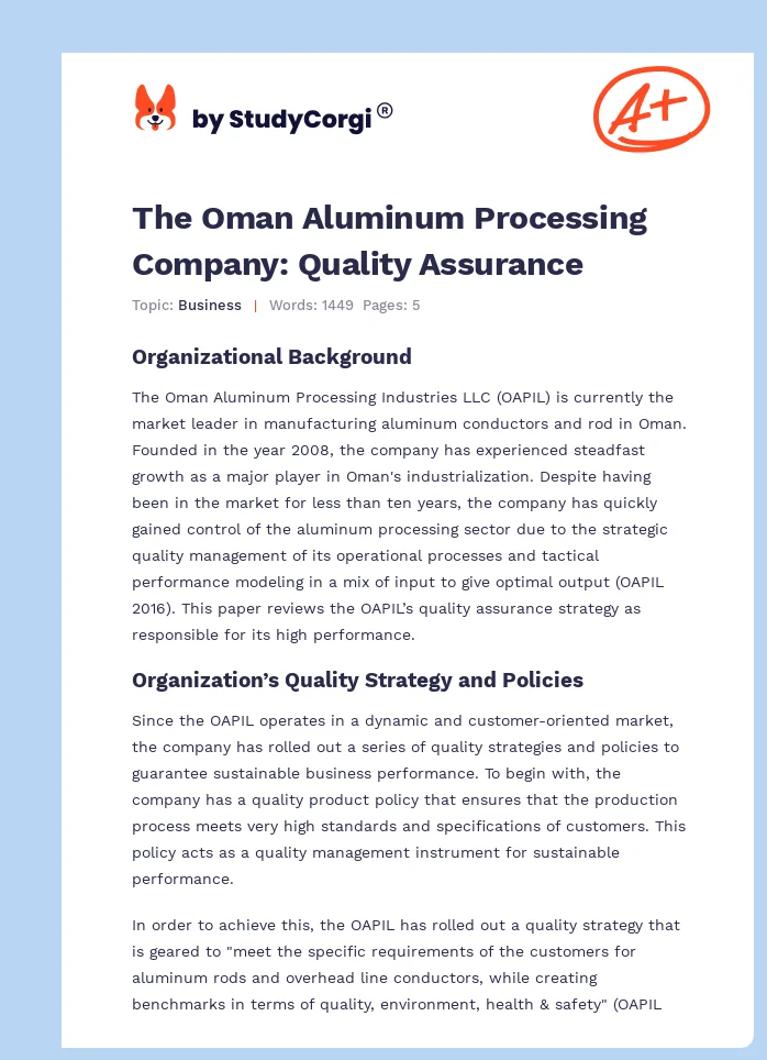 The Oman Aluminum Processing Company: Quality Assurance. Page 1