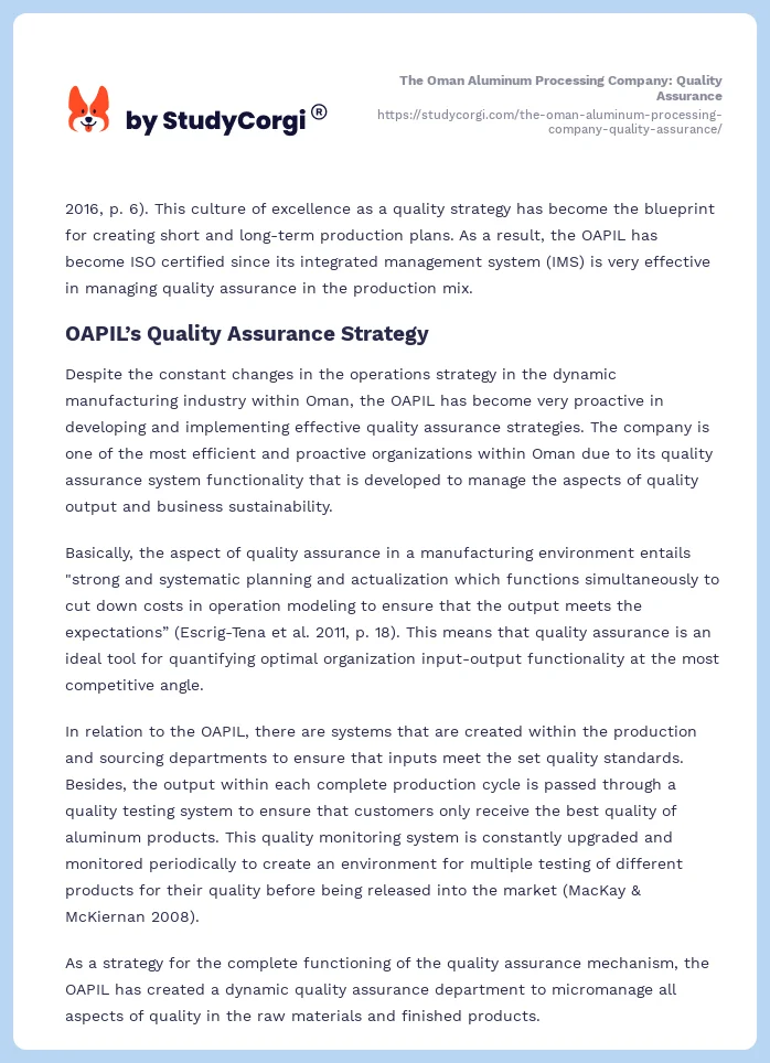 The Oman Aluminum Processing Company: Quality Assurance. Page 2