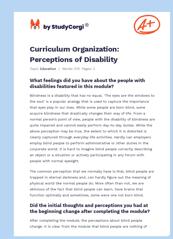 Curriculum Organization: Perceptions of Disability. Page 1