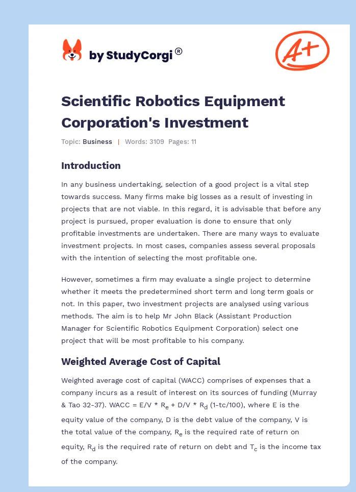 Scientific Robotics Equipment Corporation's Investment. Page 1