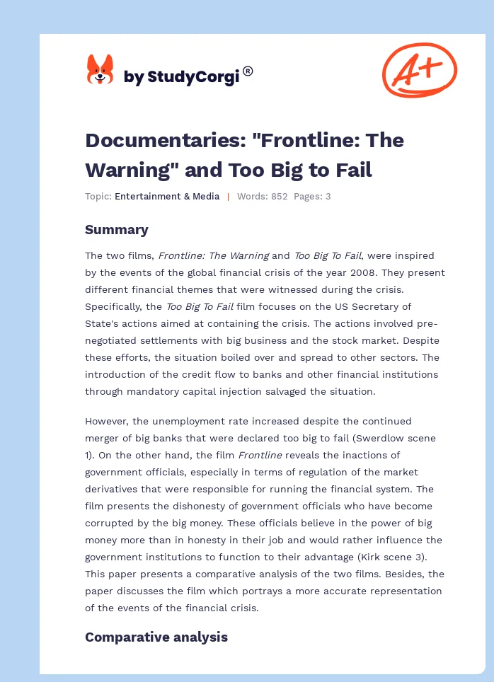 Documentaries: "Frontline: The Warning" and Too Big to Fail. Page 1