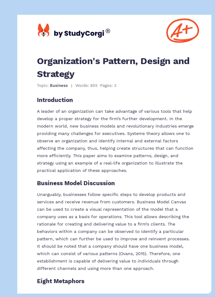 Organization's Pattern, Design and Strategy. Page 1
