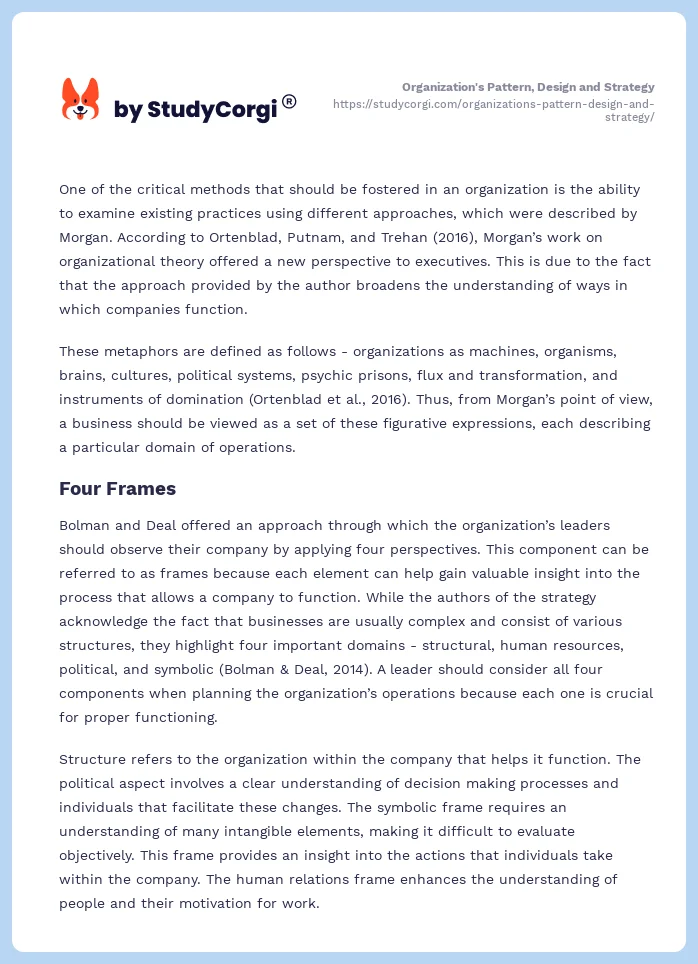 Organization's Pattern, Design and Strategy. Page 2