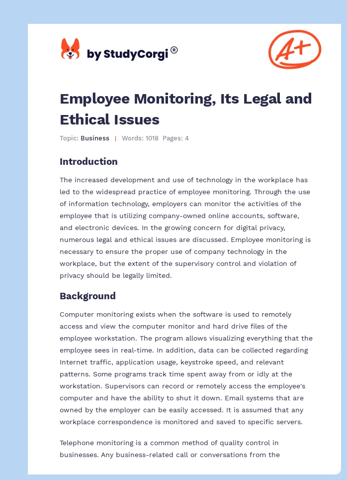 Employee Monitoring, Its Legal and Ethical Issues. Page 1