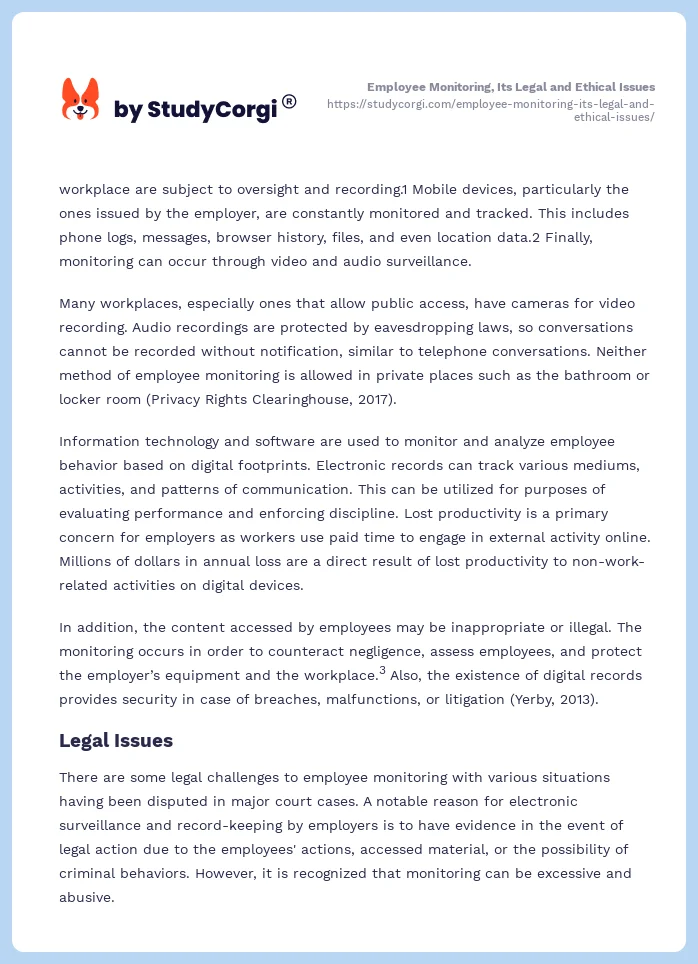 Employee Monitoring, Its Legal and Ethical Issues. Page 2