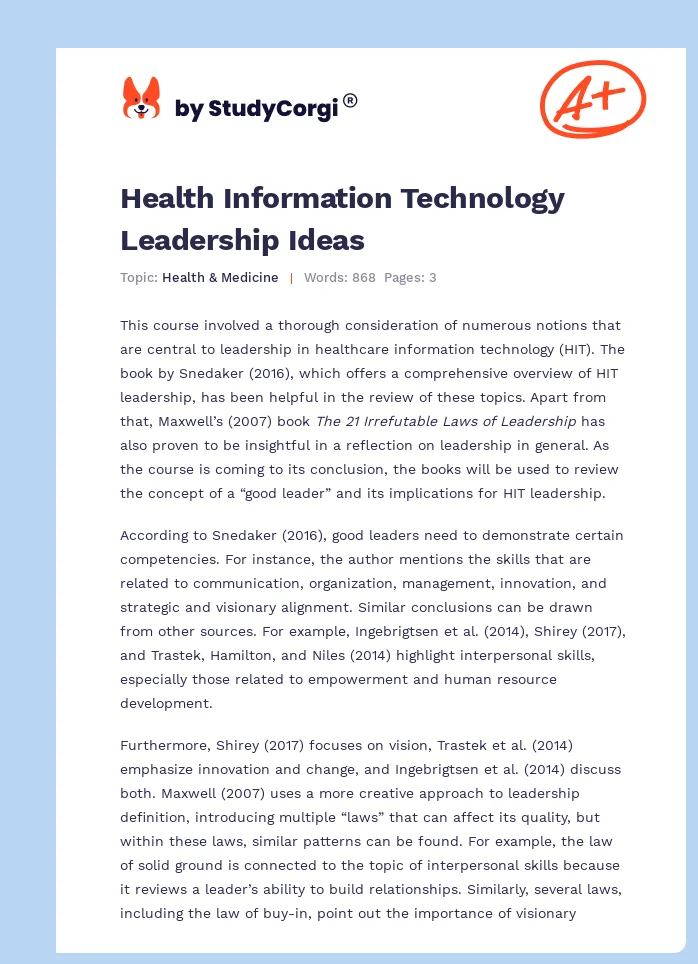 Health Information Technology Leadership Ideas. Page 1