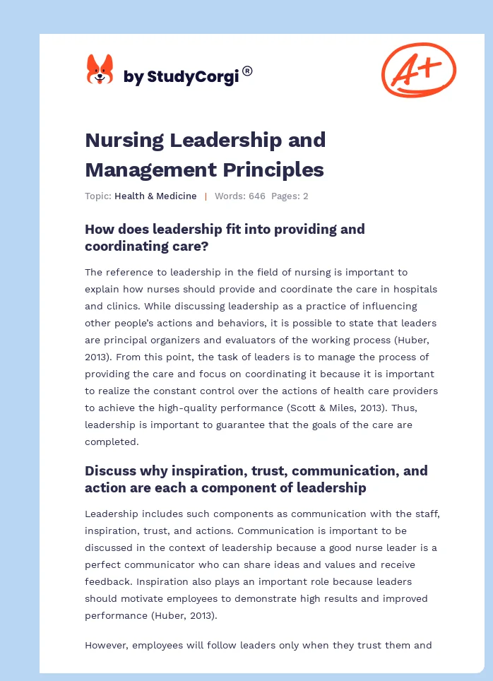 Nursing Leadership and Management Principles. Page 1