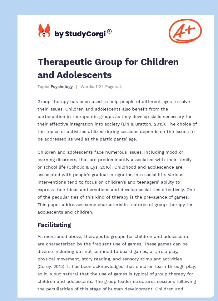 Therapeutic Group for Children and Adolescents. Page 1