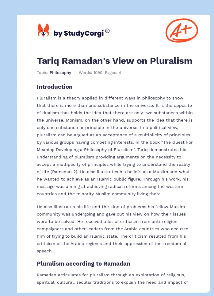 Tariq Ramadan's View on Pluralism. Page 1