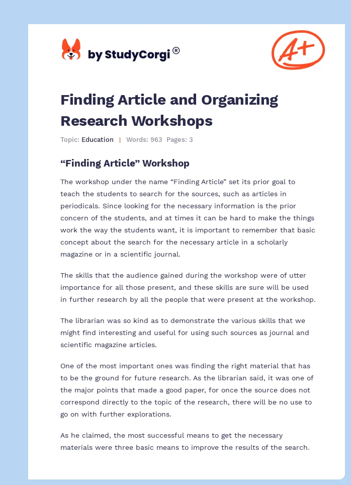 Finding Article and Organizing Research Workshops. Page 1