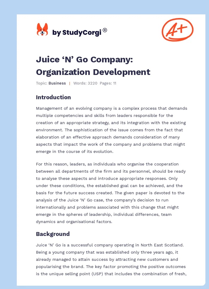 Juice ‘N’ Go Company: Organization Development. Page 1