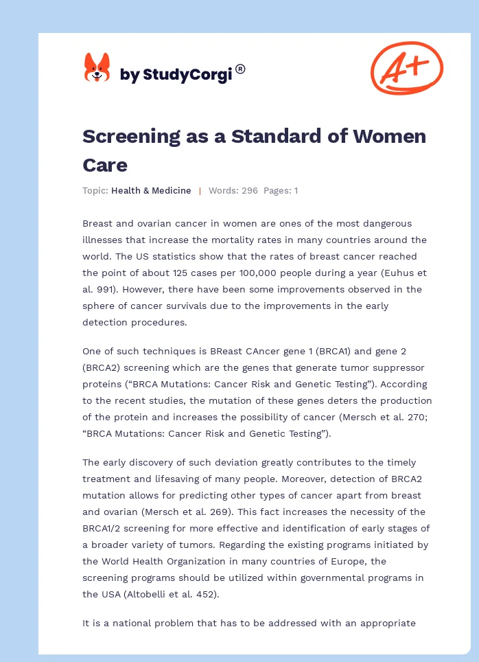 Screening as a Standard of Women Care. Page 1