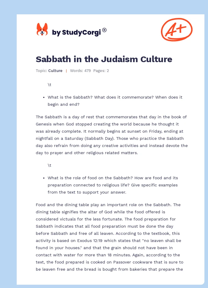 Sabbath in the Judaism Culture. Page 1