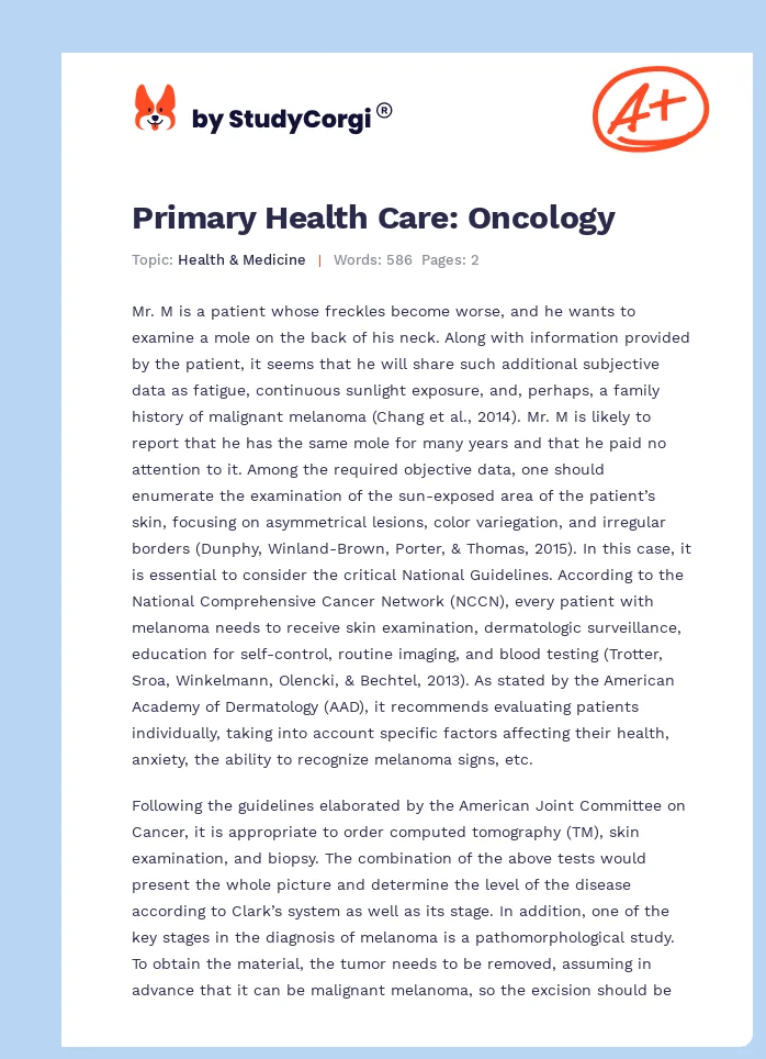 Primary Health Care: Oncology. Page 1
