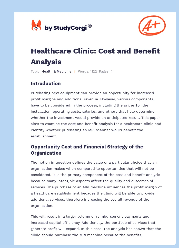 Healthcare Clinic: Cost and Benefit Analysis. Page 1