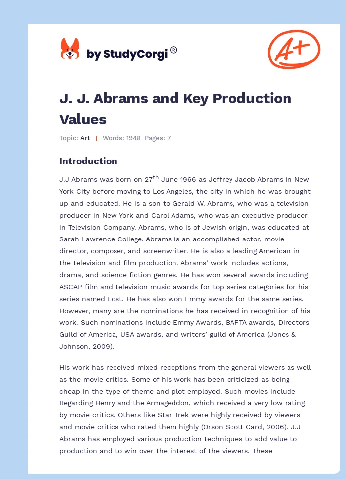 J. J. Abrams and Key Production Values. Page 1