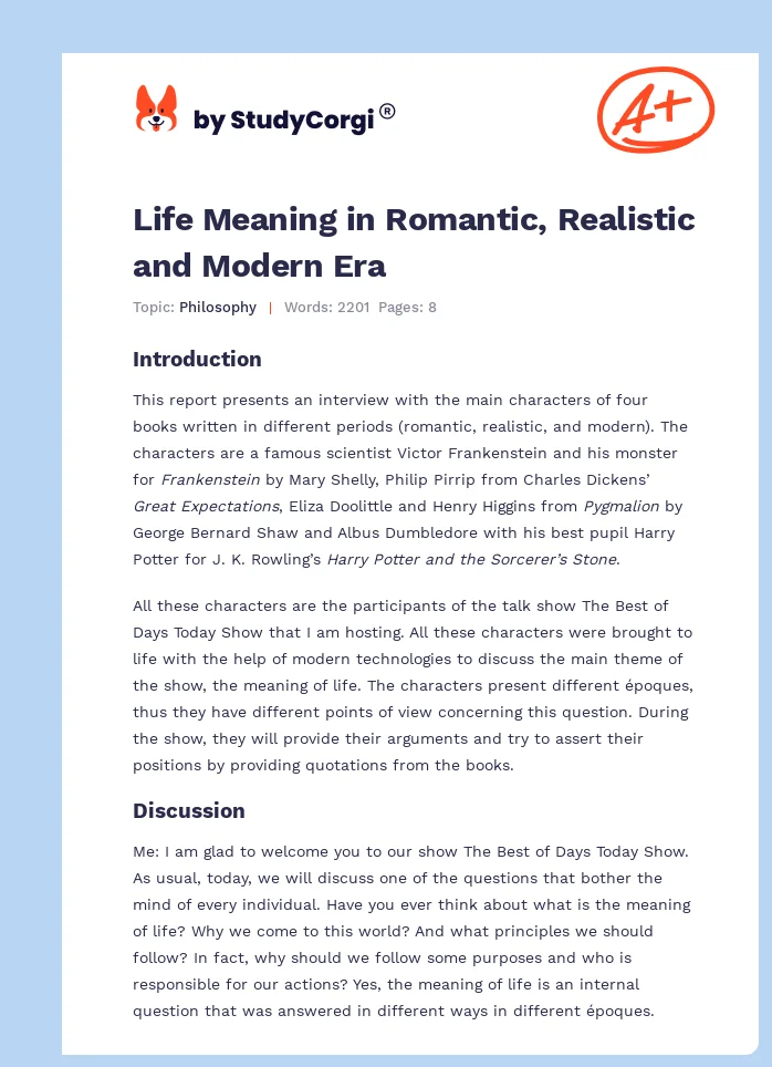 Life Meaning in Romantic, Realistic and Modern Era. Page 1