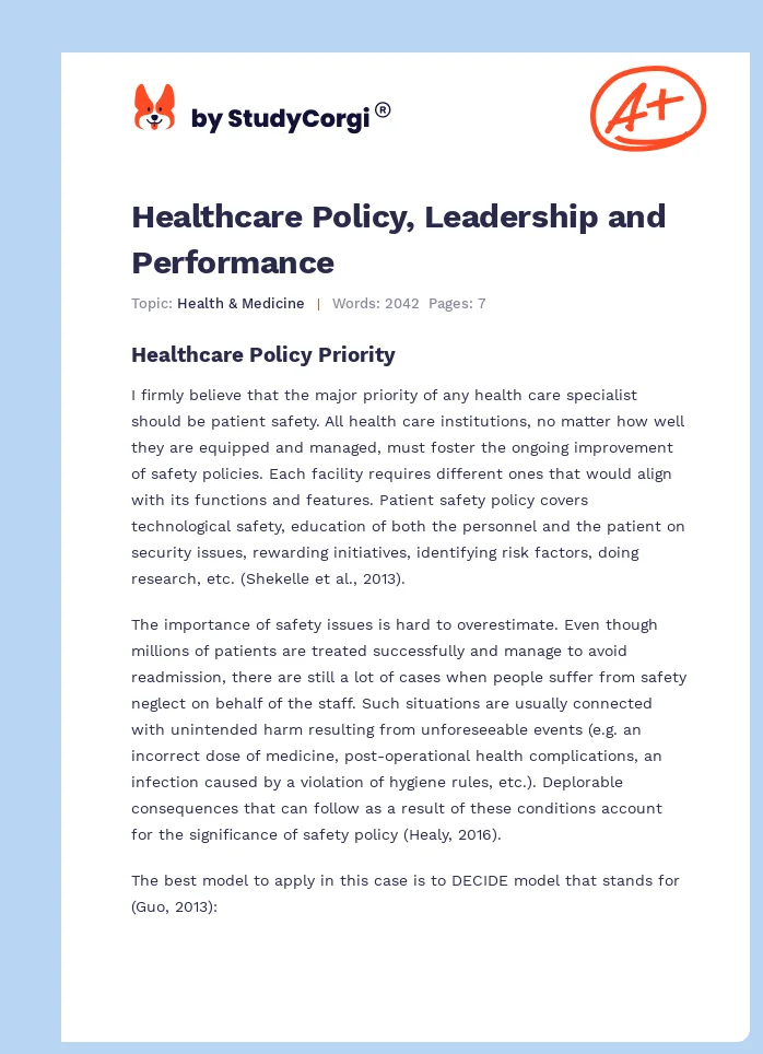 Healthcare Policy, Leadership and Performance. Page 1