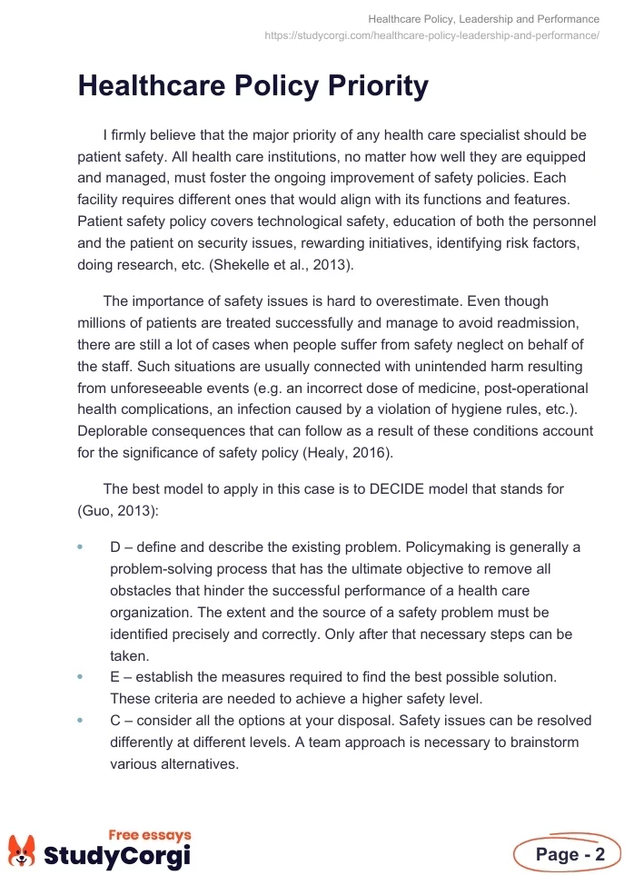 Healthcare Policy, Leadership and Performance. Page 2