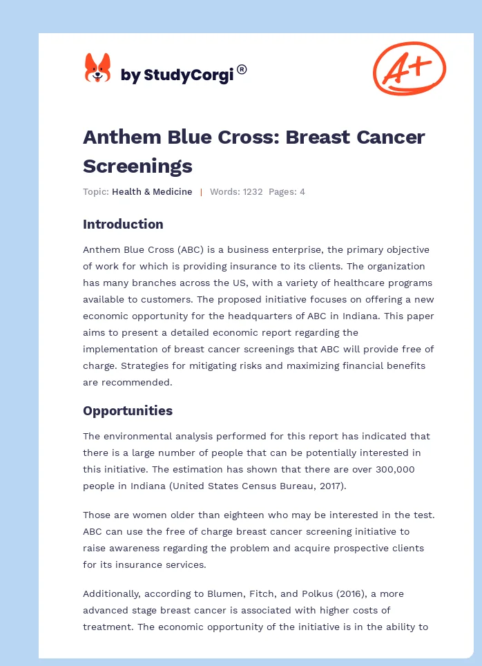 Anthem Blue Cross: Breast Cancer Screenings. Page 1