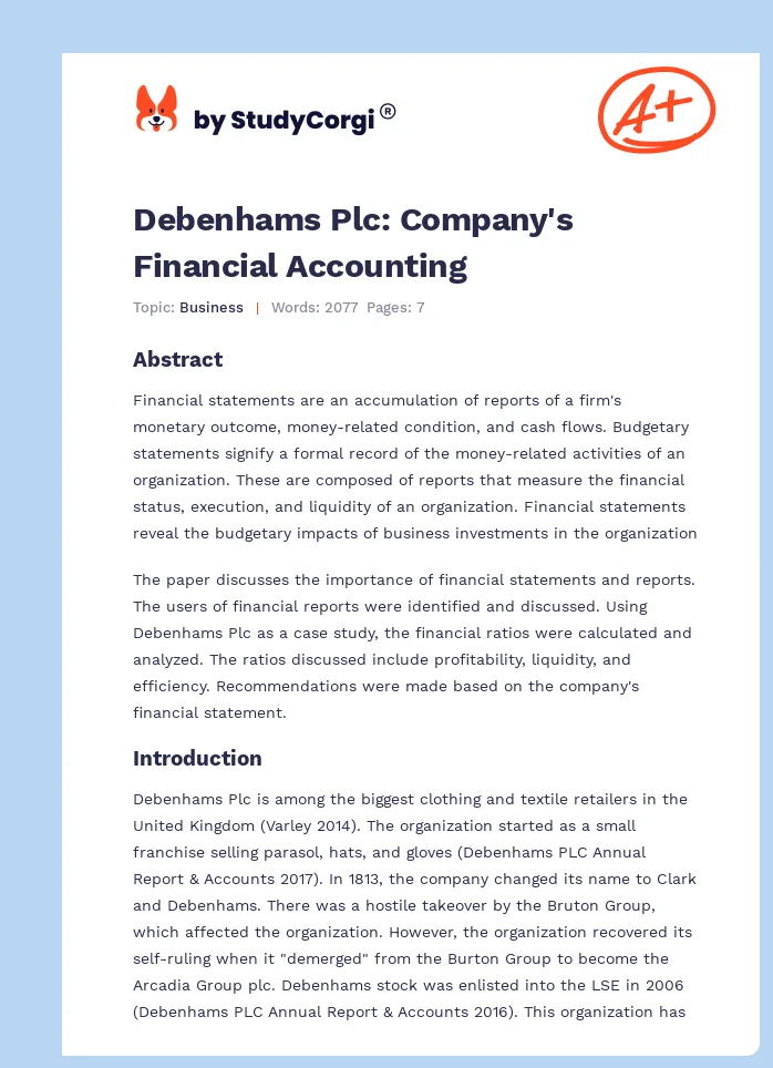 Debenhams Plc: Company's Financial Accounting. Page 1