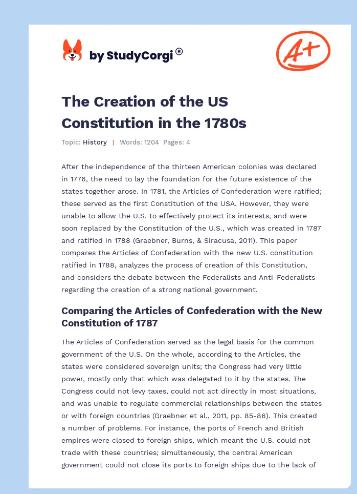 The Creation of the US Constitution in the 1780s. Page 1