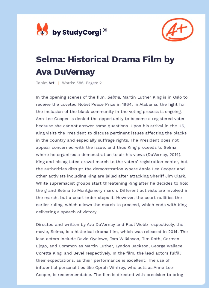 Selma: Historical Drama Film by Ava DuVernay. Page 1