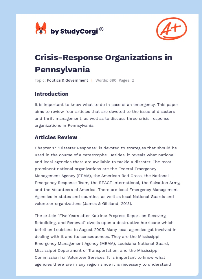 Crisis-Response Organizations in Pennsylvania. Page 1