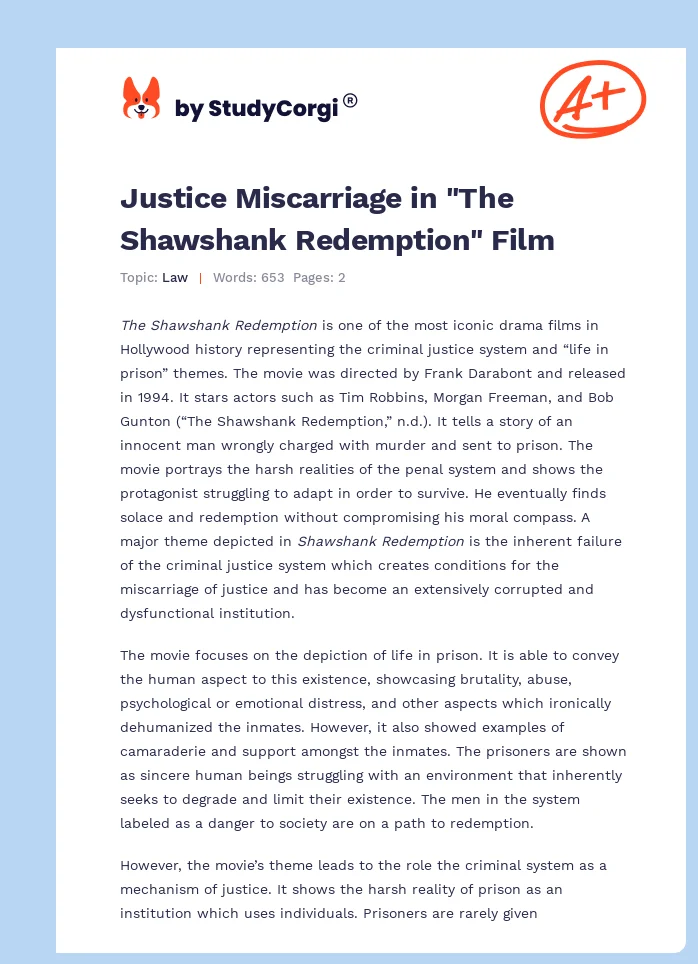 Justice Miscarriage in "The Shawshank Redemption" Film. Page 1