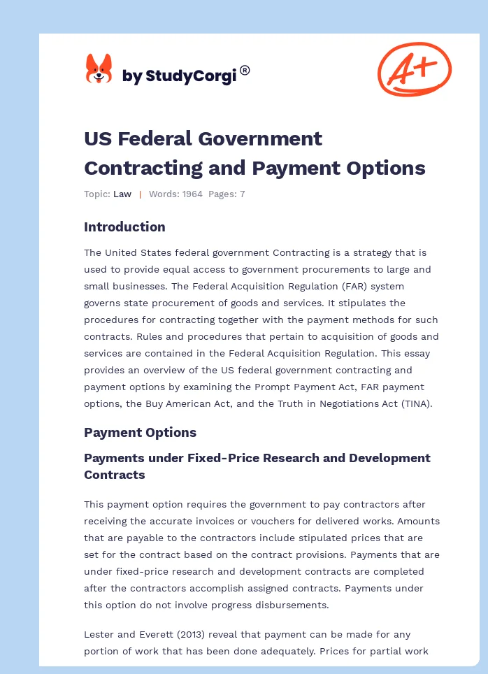 US Federal Government Contracting and Payment Options. Page 1
