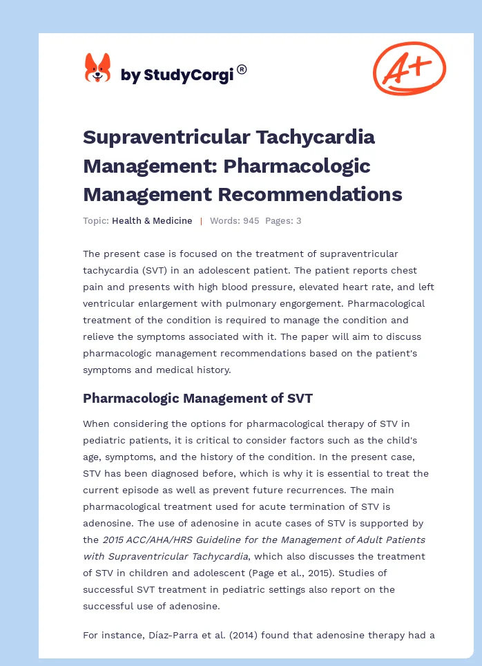 Supraventricular Tachycardia Management: Pharmacologic Management Recommendations. Page 1