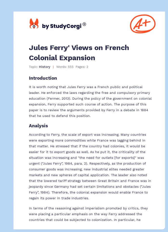 Jules Ferry' Views on French Colonial Expansion. Page 1