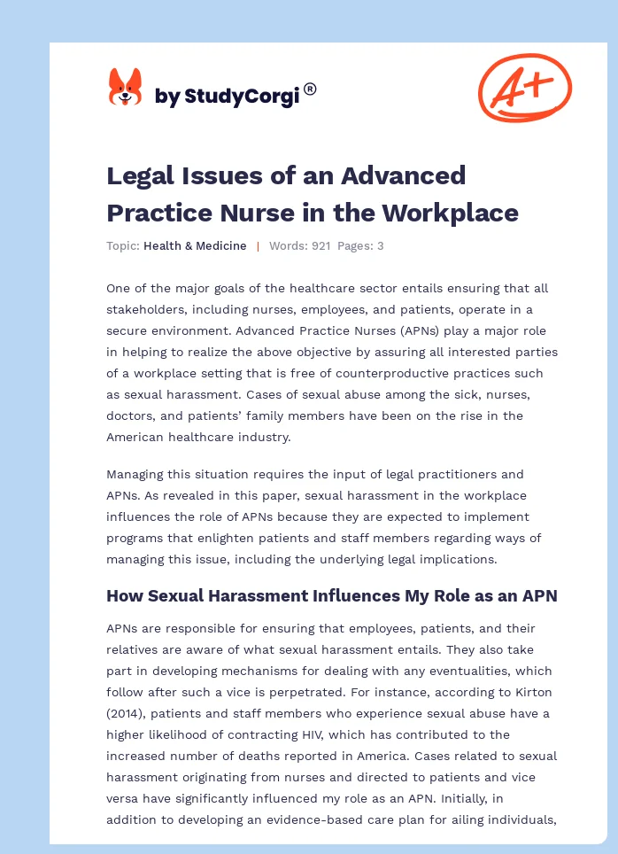 Legal Issues of an Advanced Practice Nurse in the Workplace. Page 1