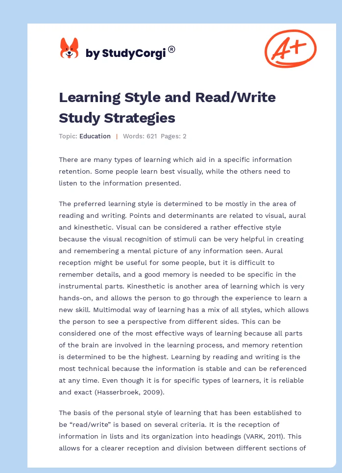 Learning Style and Read/Write Study Strategies. Page 1
