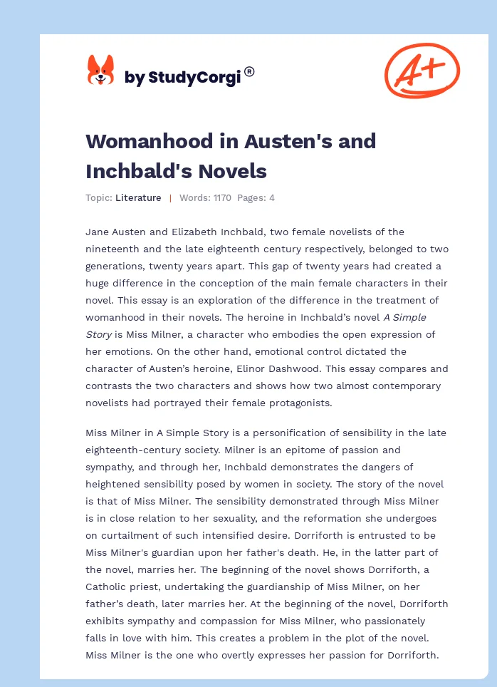Womanhood in Austen's and Inchbald's Novels. Page 1