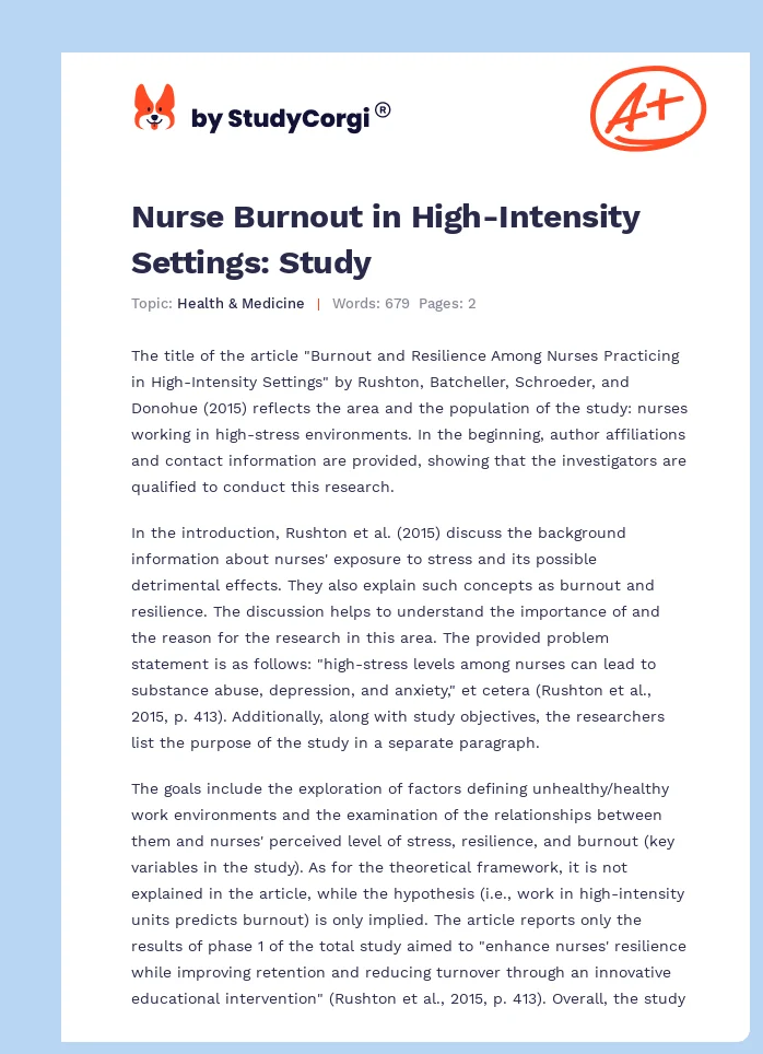Nurse Burnout in High-Intensity Settings: Study. Page 1