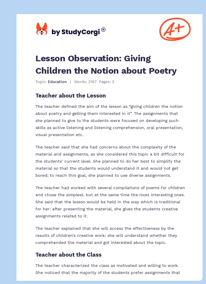 Lesson Observation: Giving Children the Notion about Poetry. Page 1
