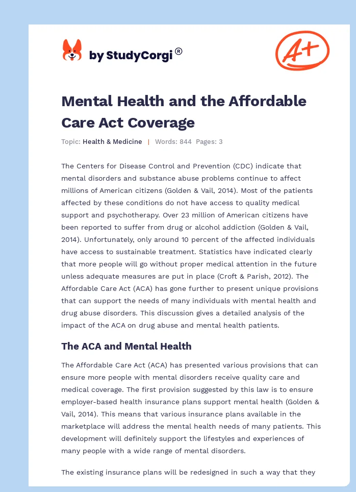 Mental Health and the Affordable Care Act Coverage. Page 1