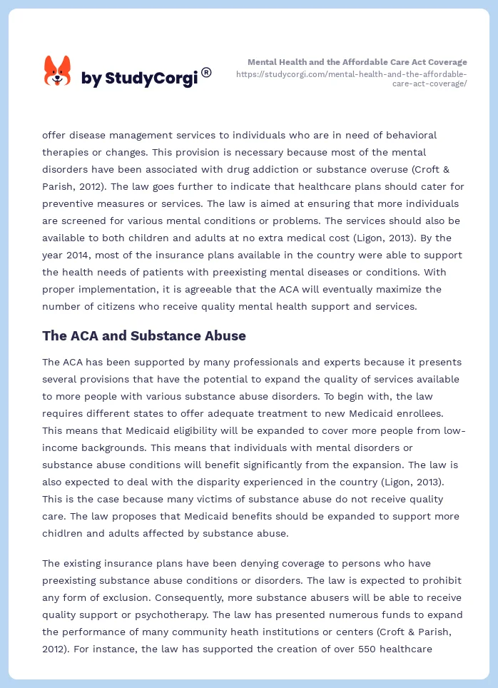 Mental Health and the Affordable Care Act Coverage. Page 2