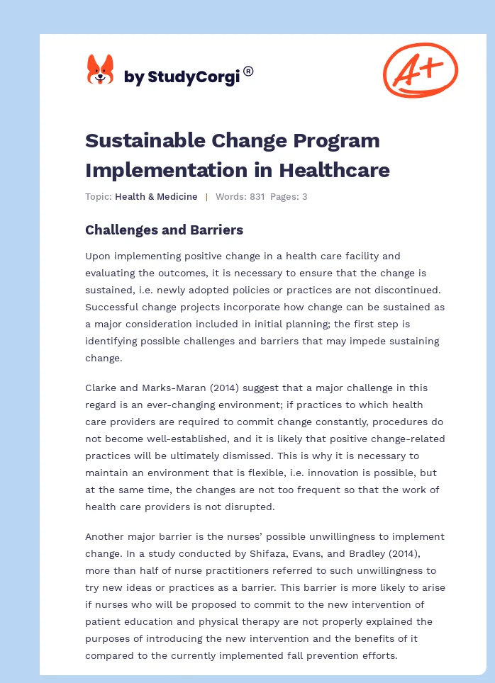 Sustainable Change Program Implementation in Healthcare. Page 1