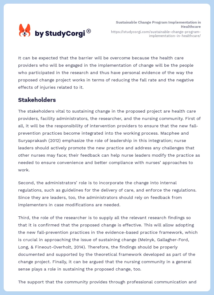 Sustainable Change Program Implementation in Healthcare. Page 2