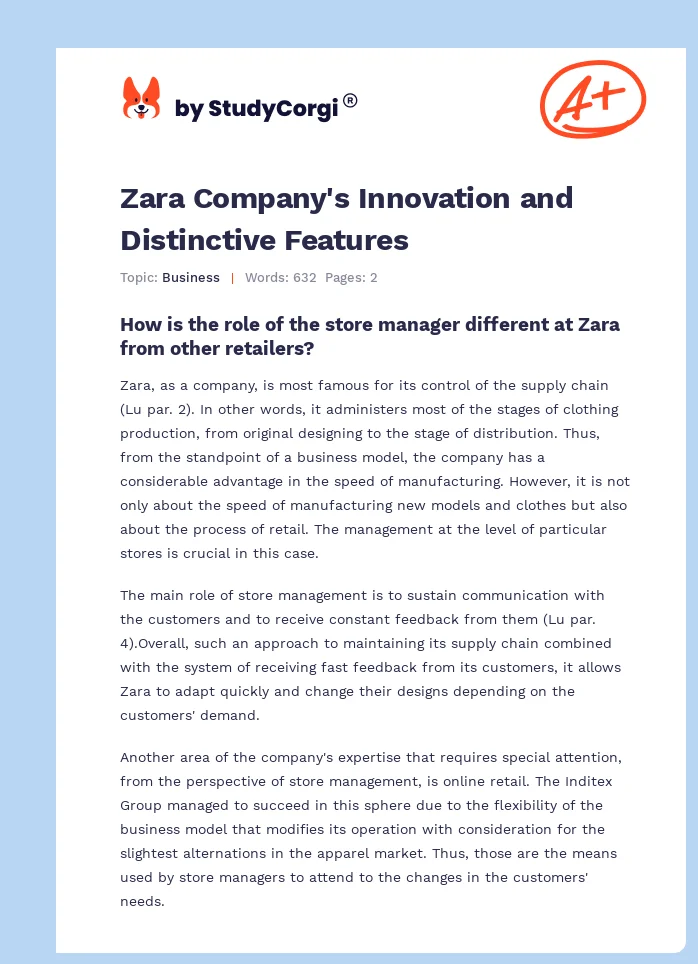 Zara Company's Innovation and Distinctive Features. Page 1