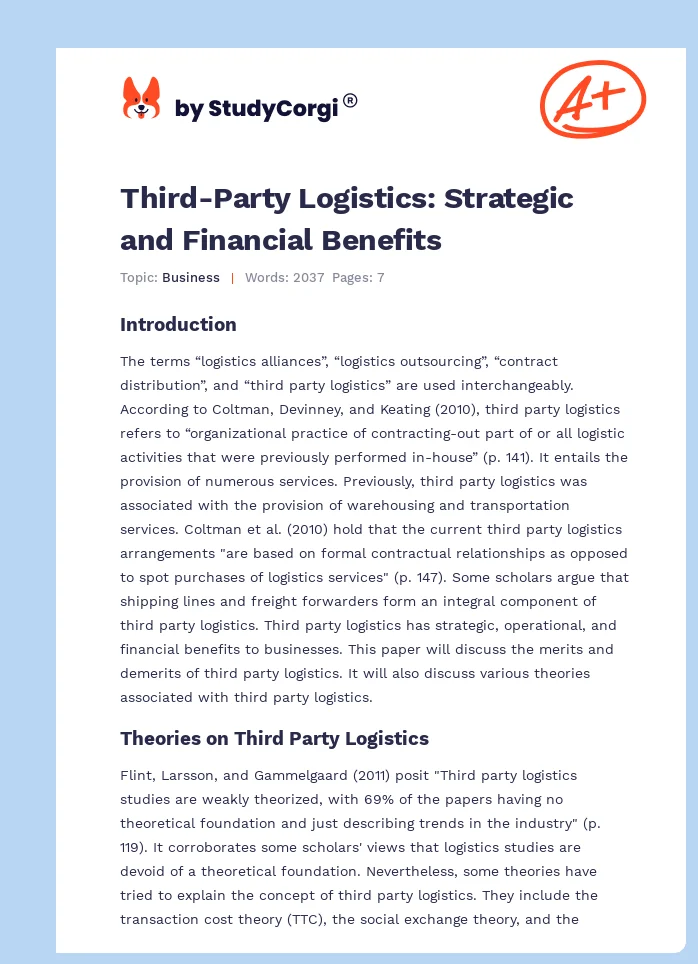Third-Party Logistics: Strategic and Financial Benefits. Page 1