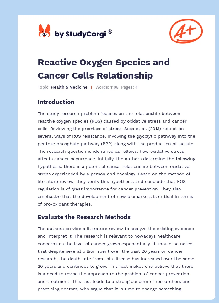 Reactive Oxygen Species and Cancer Cells Relationship. Page 1