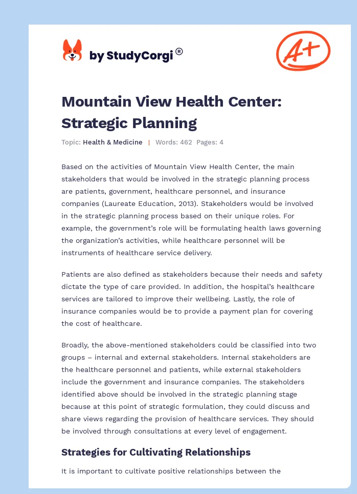 Mountain View Health Center: Strategic Planning. Page 1