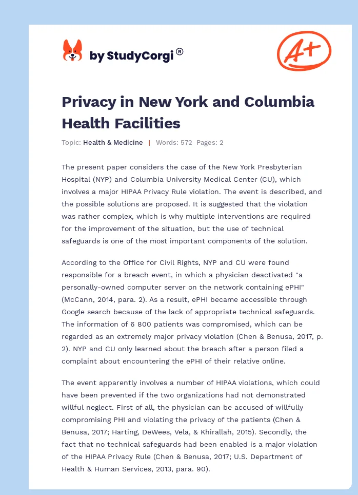 Privacy in New York and Columbia Health Facilities. Page 1