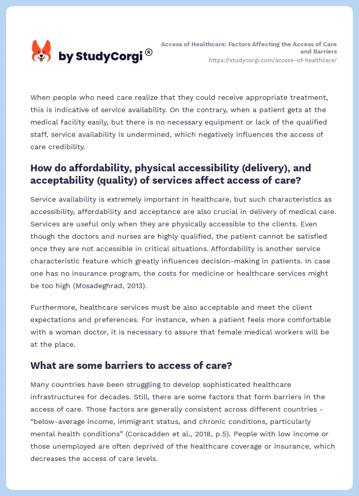Access of Healthcare: Factors Affecting the Access of Care and Barriers. Page 2